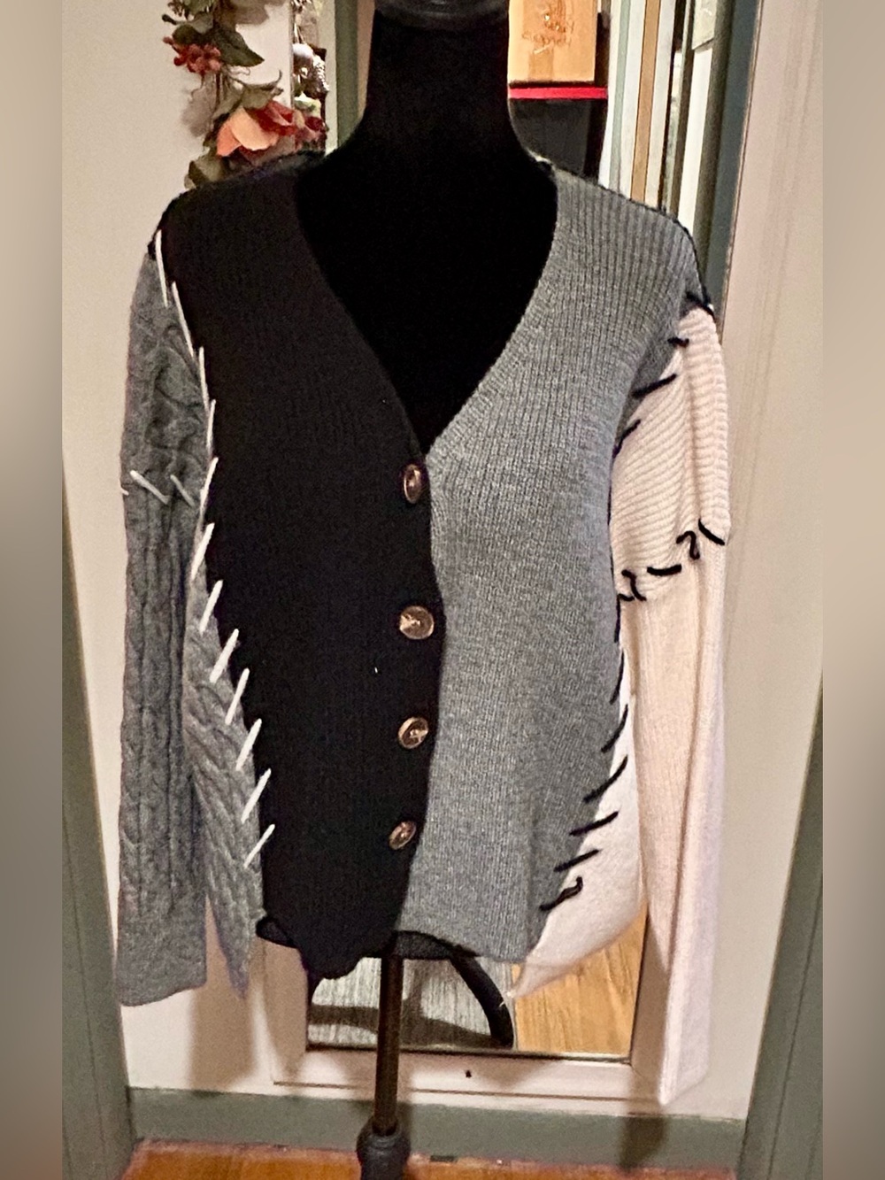 BiBi Colorblock Patchwork Cardigan in Black, Gray & Cream-XL Plus- NWOT